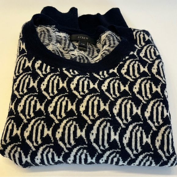 J Crew Womens Vintage Black White Fish Pattern 100% Merino Wool Sweater XXS - Picture 10 of 14